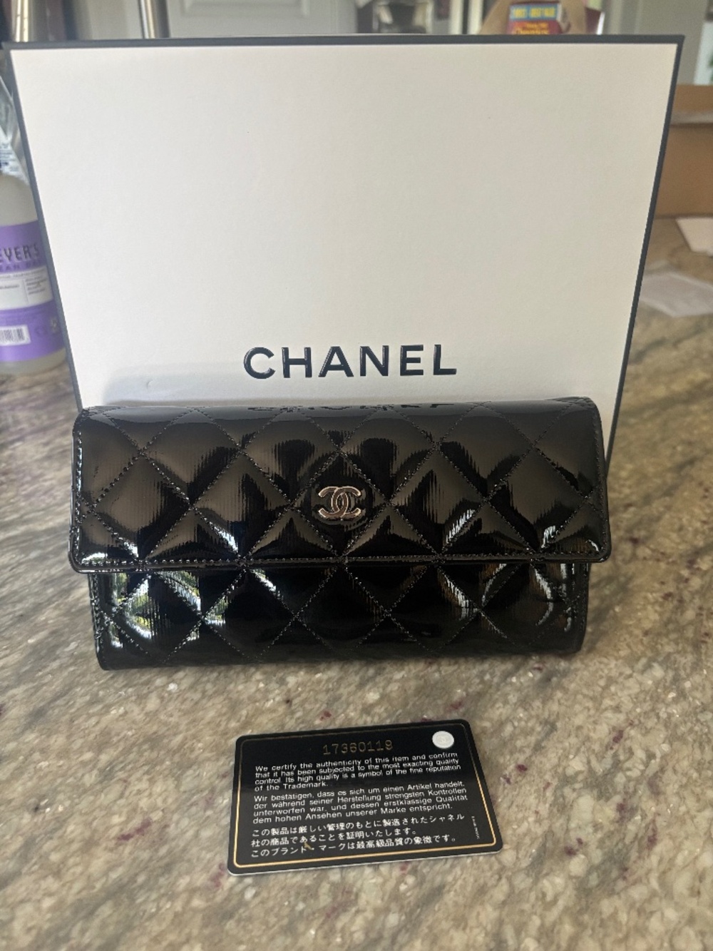 CHANEL Patent Leather Classic Flap Long Wallet Silver CC17 Series Auth